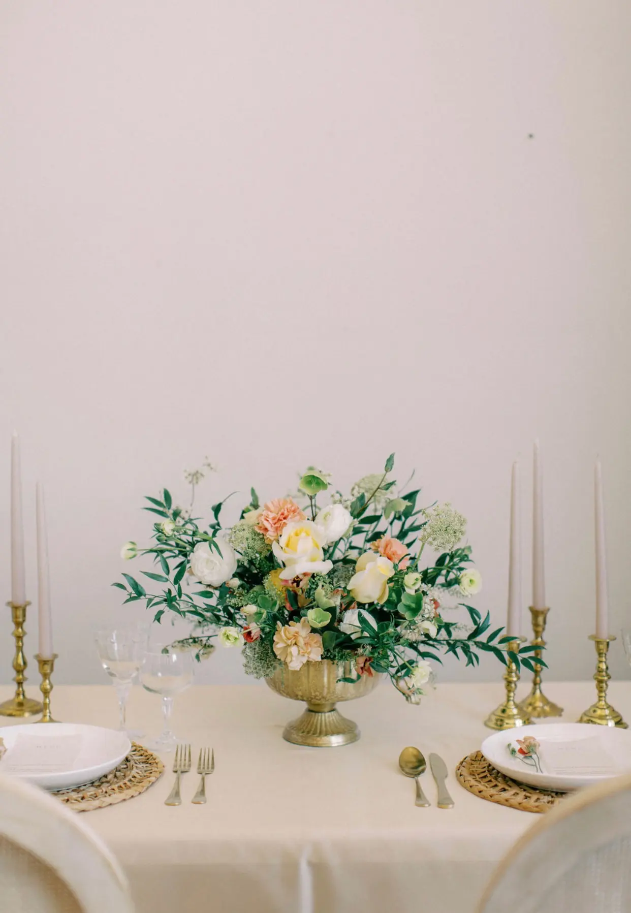 Floral bouquet on table.