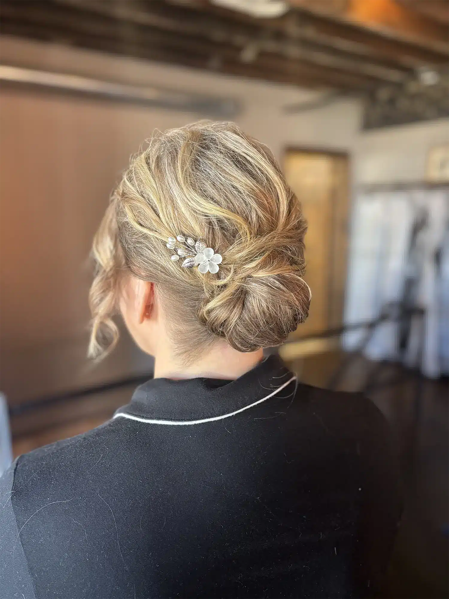 Bridal low bun updo.