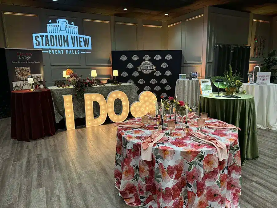 Stadium View event hall decked out for a wedding show.