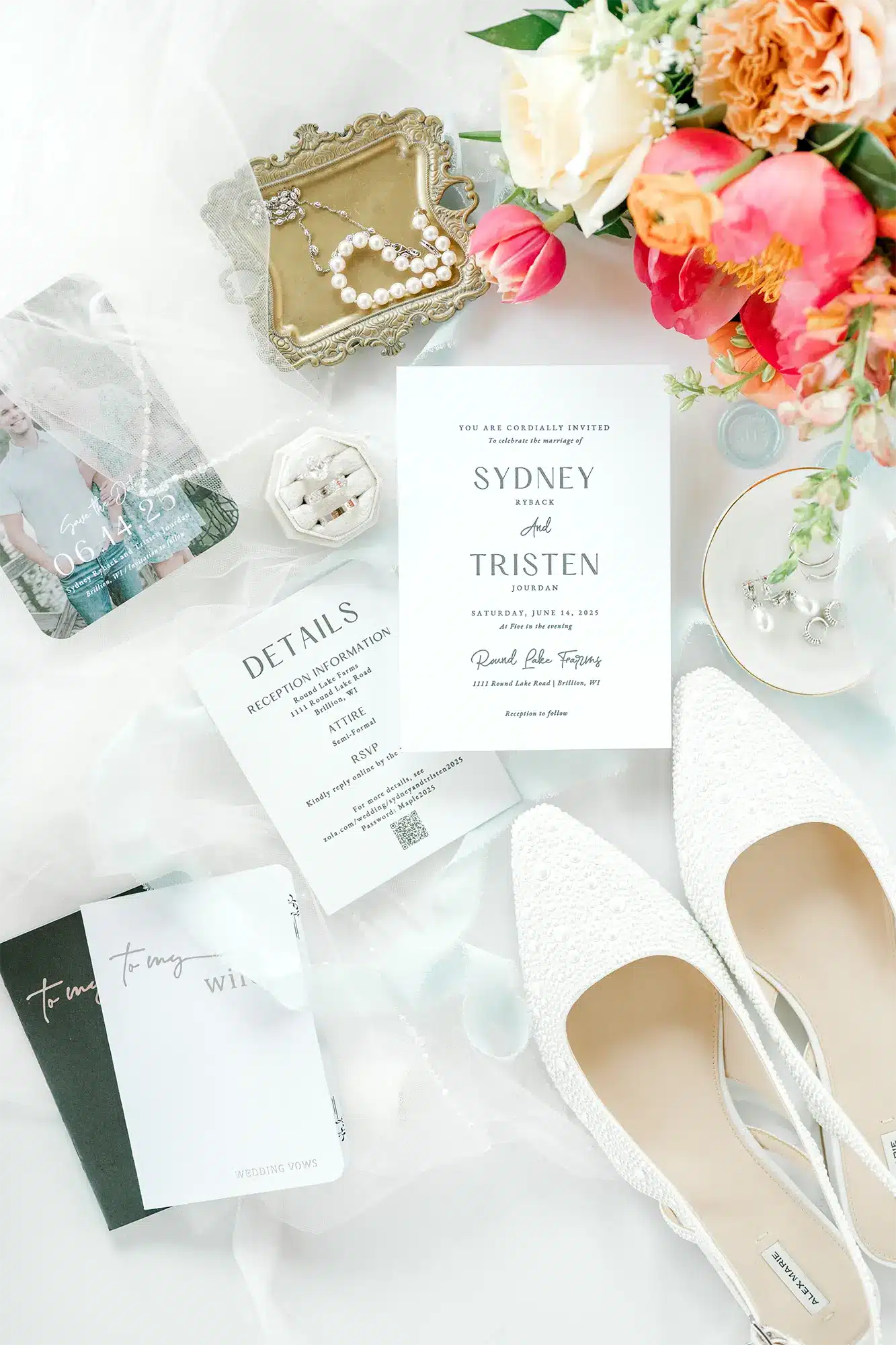 Wedding Invitation & Bridal Details Wedding invitation suite with rings, vow books, bridal shoes and colorful spring florals.